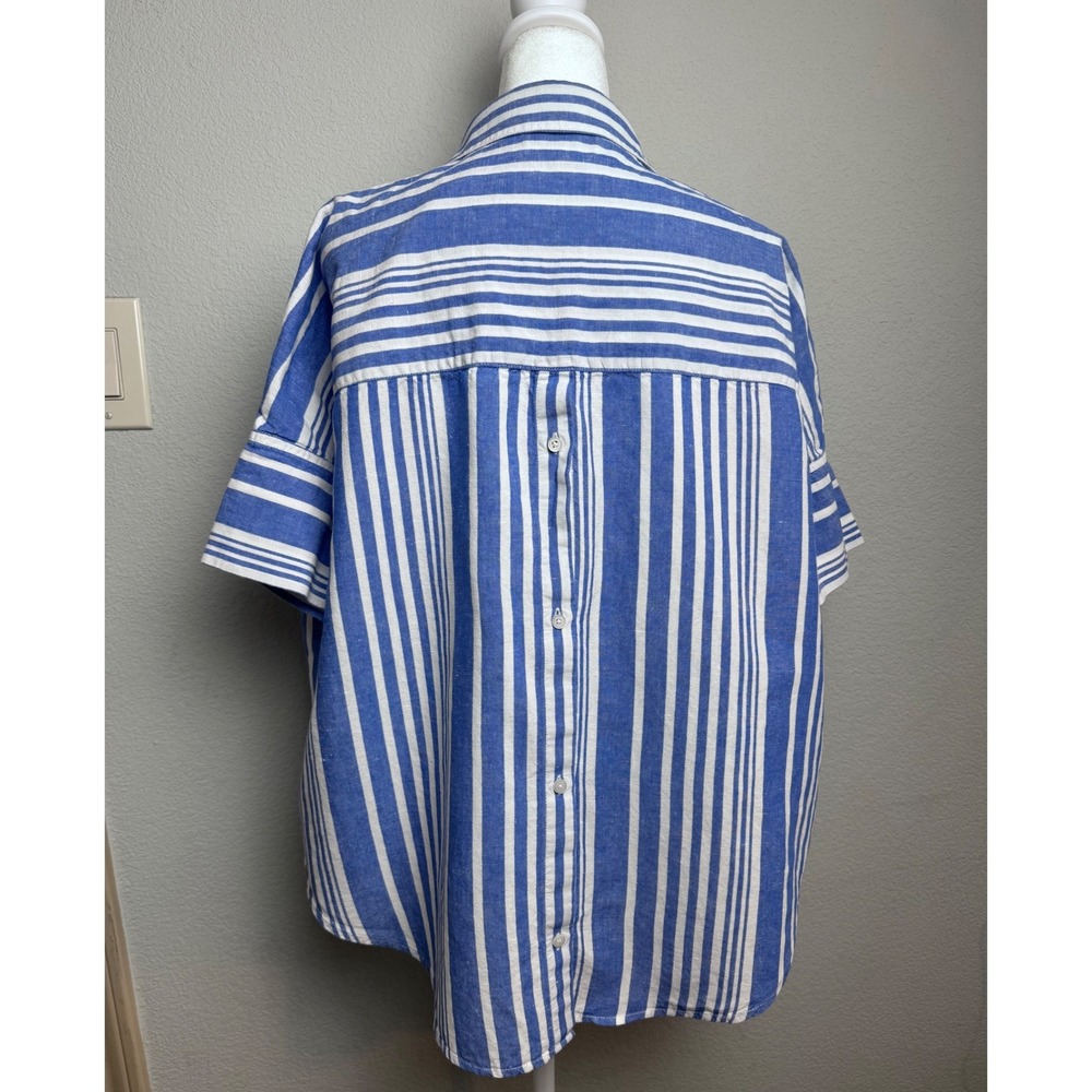Madewell Courier Popover Shirt XL Blue White Stripe Linen Blend Button Back Top - Picture 2 of 10